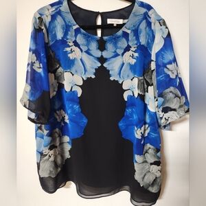 Womens Calvin Klein Black and Blue Floral Blouse Size 1X